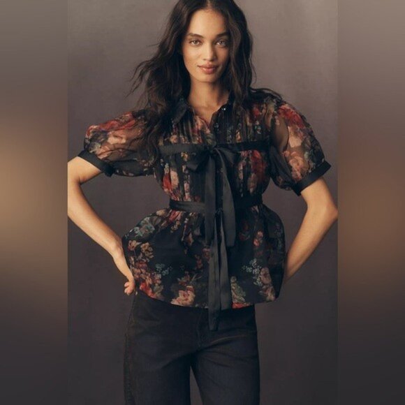 NWT Size L - Anthropologie Short-Sleeve Tie-Front Sheer Blouse (NWT US$ 118) - Picture 10 of 16